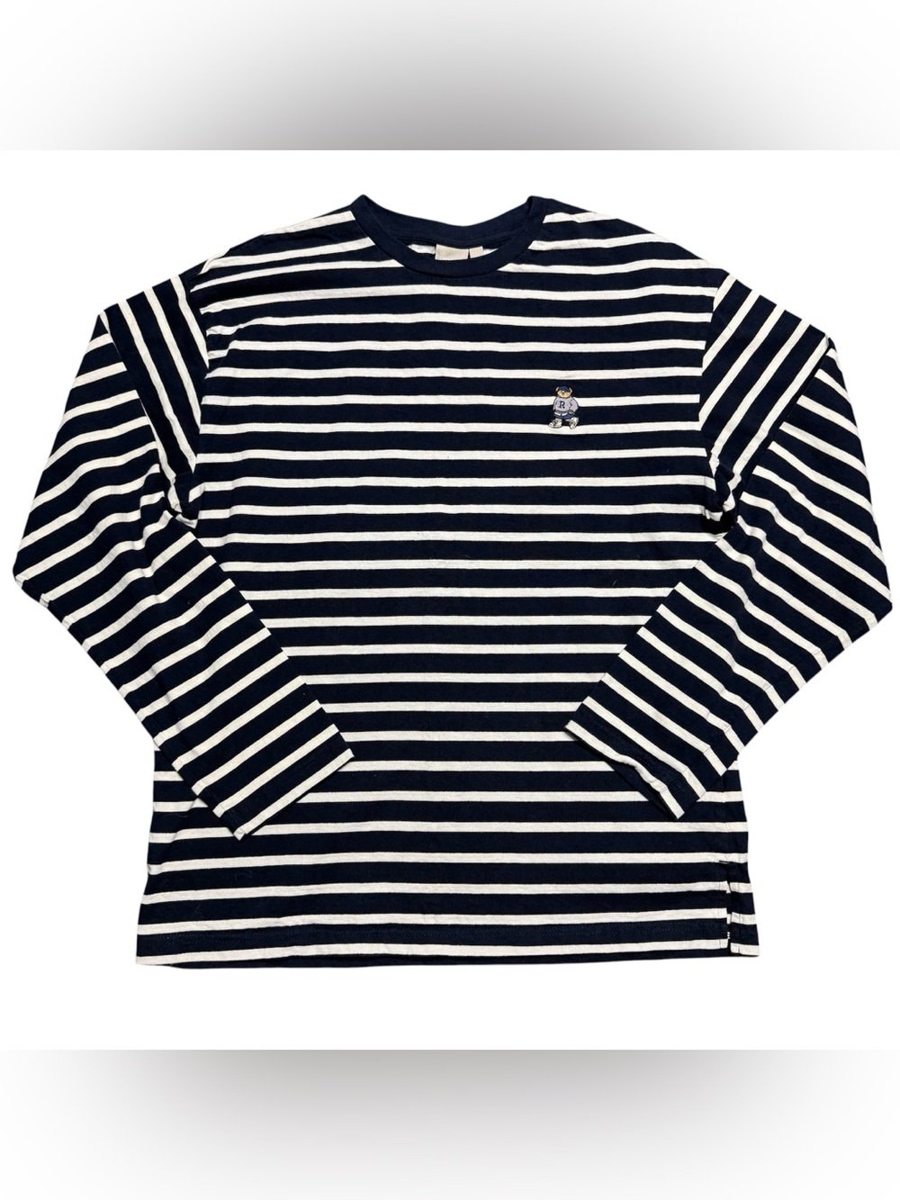 SPAO Trends Project Men’s Large Navy White Striped Long Sleeve Embroidered Bear